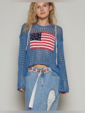 POL Blue Crochet Sweater with Flag Motif